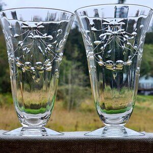 Depression Glass Cut Floral Ice Tea Glasses 5" lightweight optic fine crystal (2